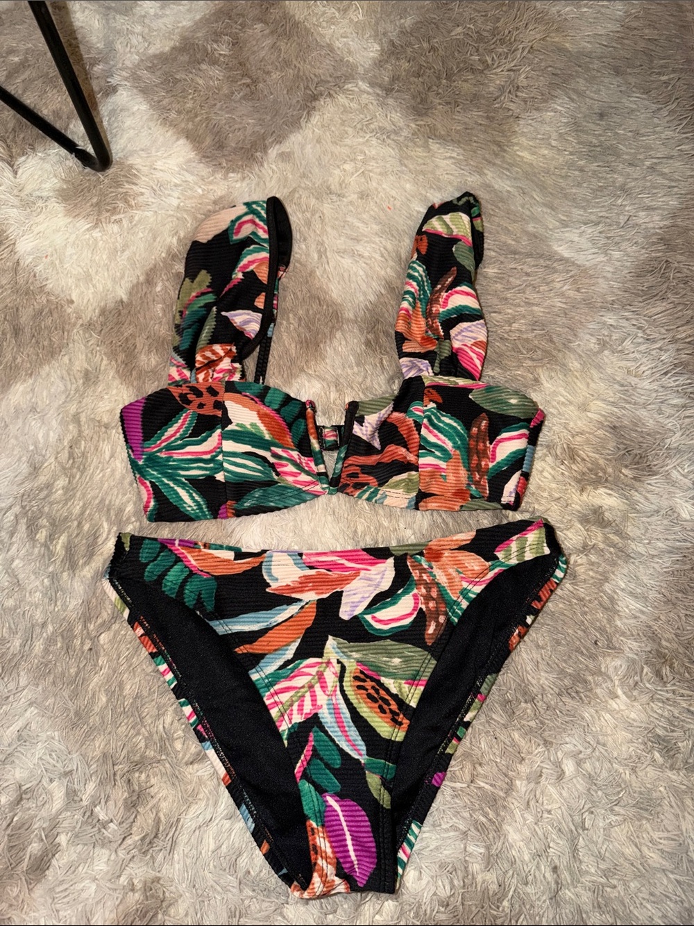 Time and Tru Black Tropical Leaf Print Two-Piece Bikini